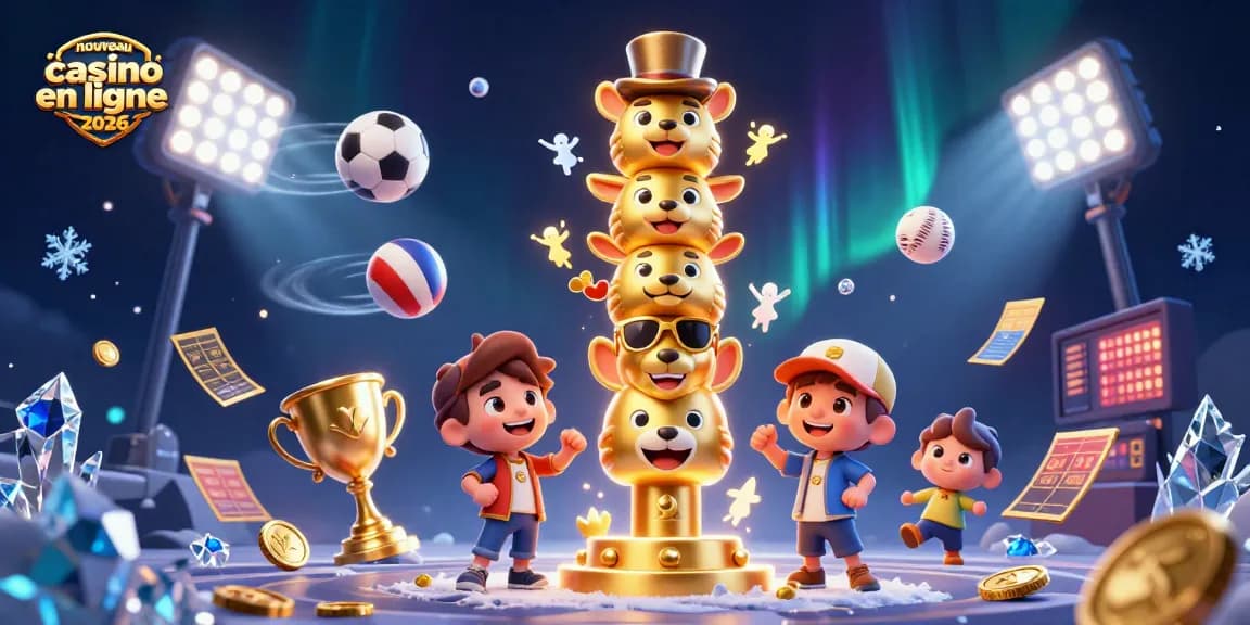 Illustration dynamique du nouveau casino en ligne 2026 avec totem doré et éléments de jeu captivants.