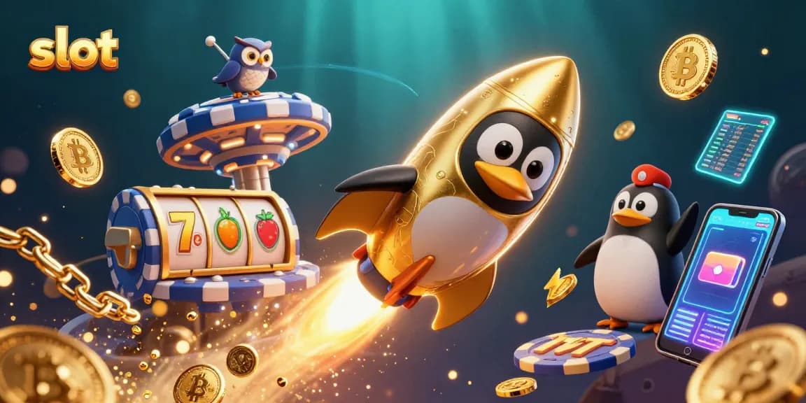 Spin slots in style - a penguin rocket zooms to the casino station!