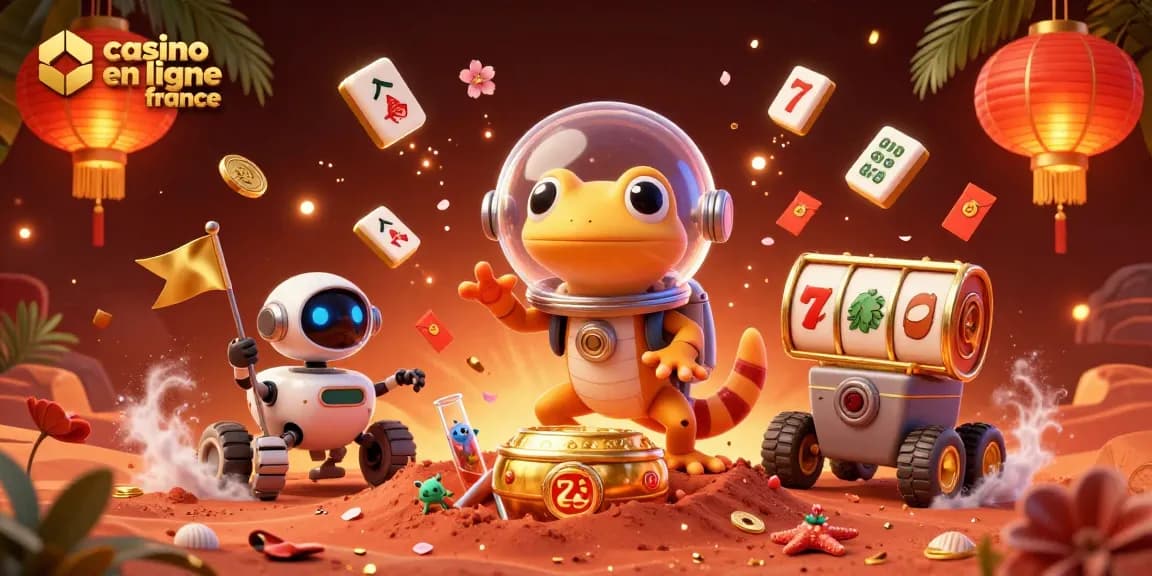 Immergez-vous dans une aventure de casino en ligne France avec un gecko martien et des lanternes dorées.