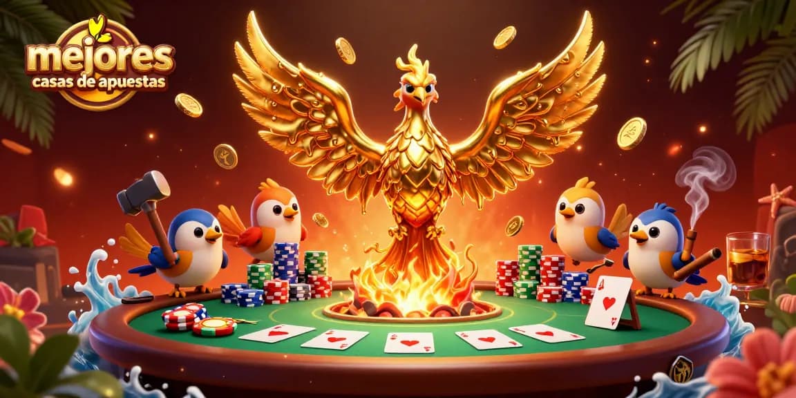 Explora las mejores casas de apuestas con esta vibrante ilustración de un fénix dorado y elementos de juego.