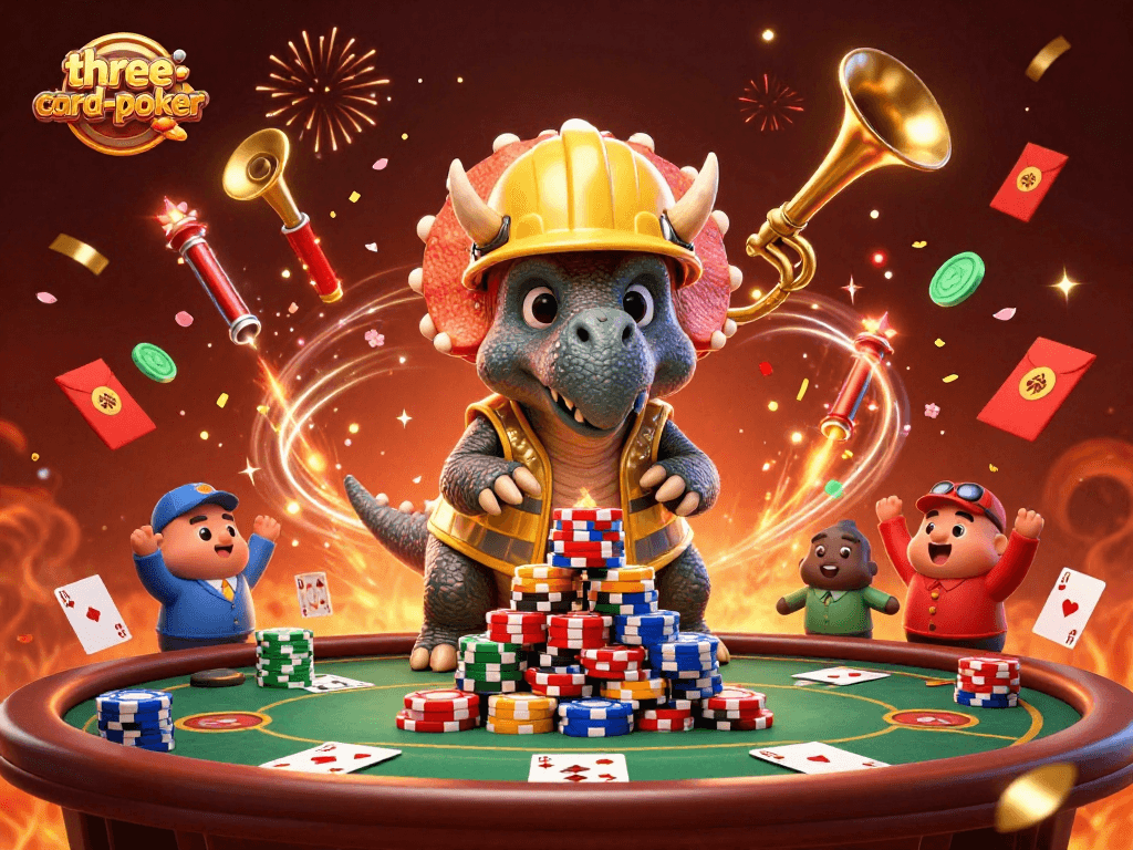 three-card-poker celebration scene with vibrant characters and dynamic casino elements