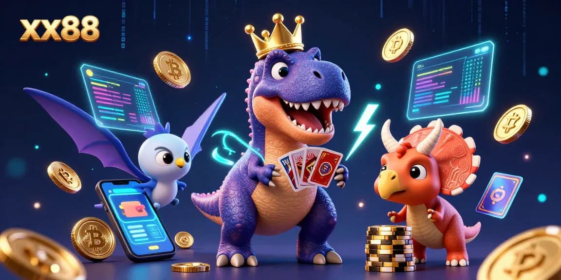 Experience the thrill of xx88 with a T-Rex shuffling cards, surrounded by vibrant casinos and crypto elements.