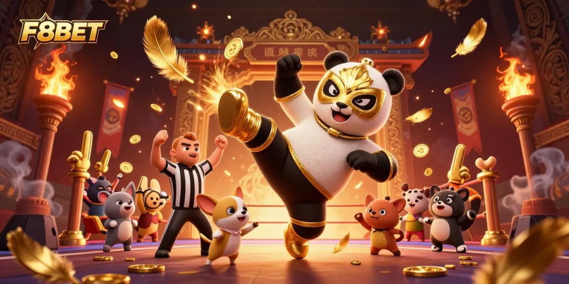 F8BET showcases a dynamic scene with a panda wrestler flying kick amid sports betting excitement.