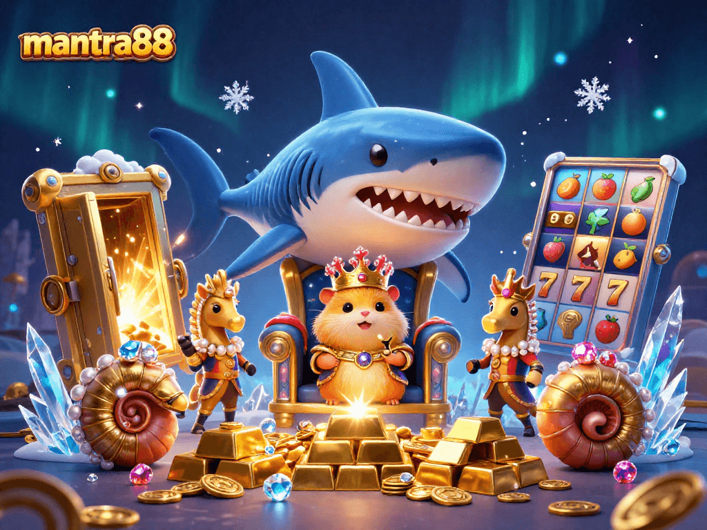 Experience mantra88's winning slots with the golden hamster king surrounded by treasure and excitement.