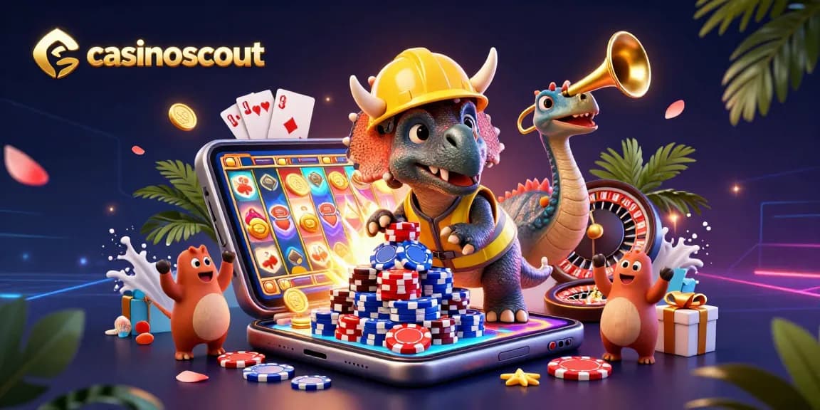 casinoscout showcases a vibrant 3D casino scene with a triceratops and festive elements celebrating gaming
