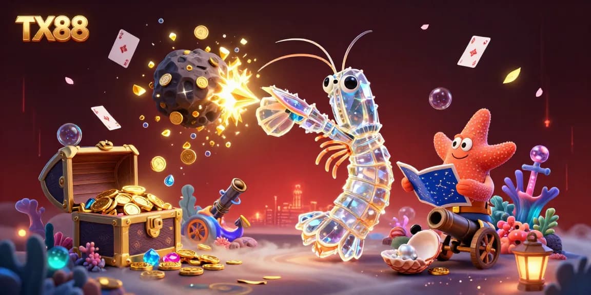 TX88 engages players with a vivid 3D illustration of a samurai mantis shrimp in a vibrant casino adventure.