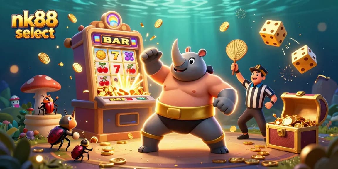 Experience thrilling slots and jackpots with nk88 select in this dynamic casino illustration.