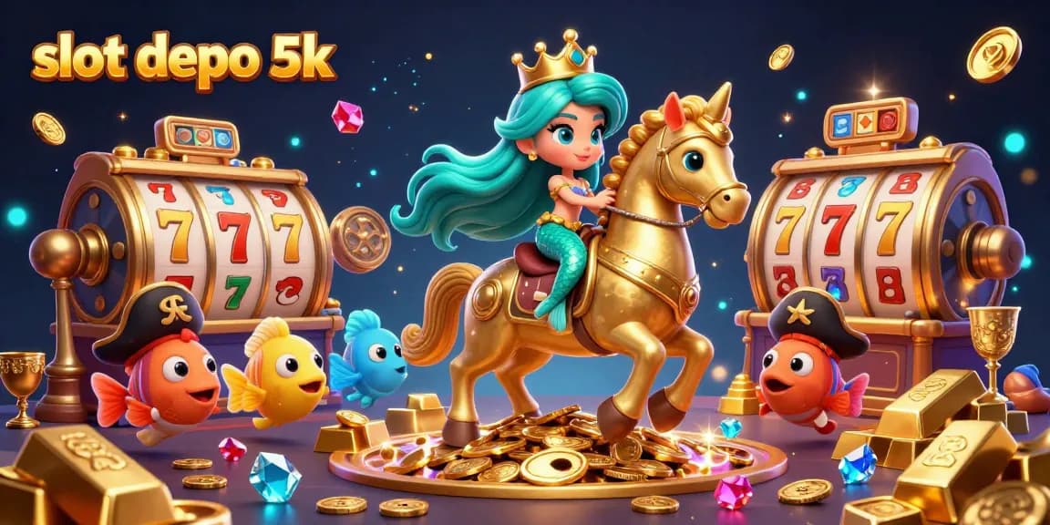 Mainkan slot depo 5k dengan pesona putri duyung dan kuda laut emas dalam ilustrasi kasino yang hidup.