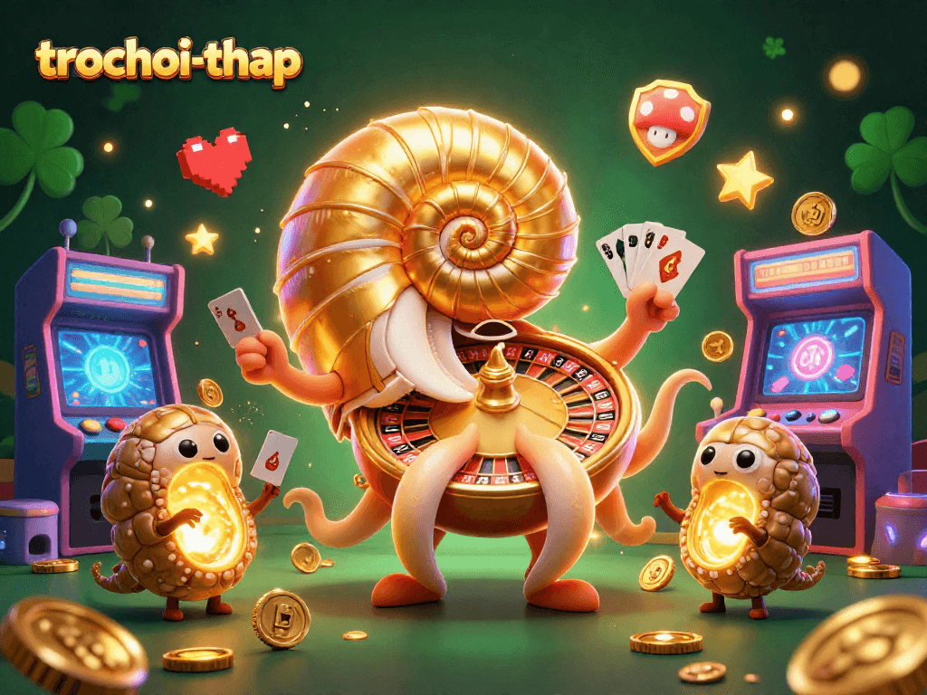 Engage with the thrilling trochoi-thap adventure featuring a giant nautilus and glowing arcade machines.