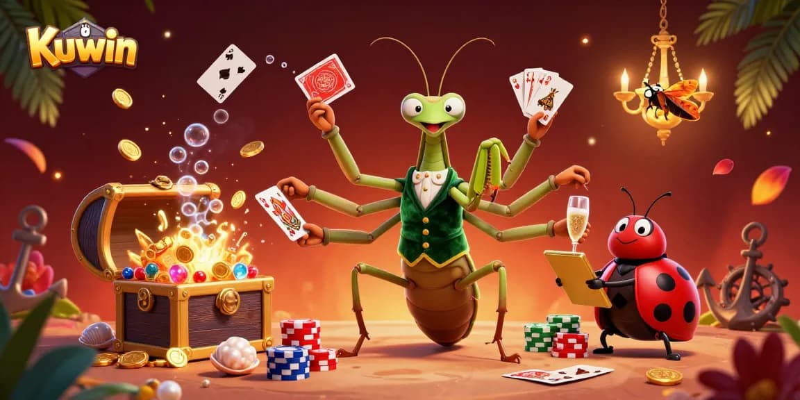 Kuwin invites players to celebrate wins with a vibrant casino scene featuring cards, chips, and a unique giant praying mantis dealer.