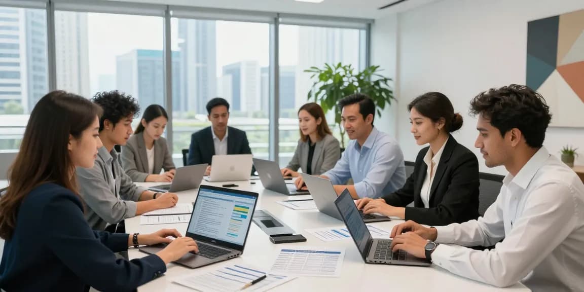 Accounting Services in Dubai: Professionals collaborating in a modern office on financial reports and tax compliance.