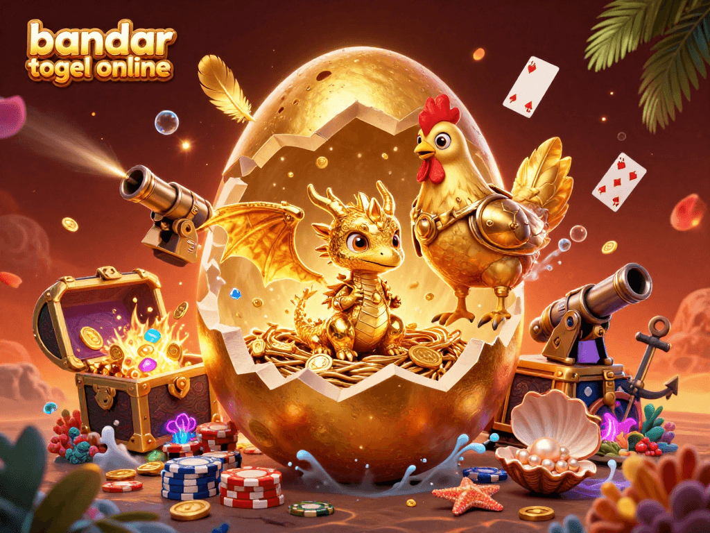 Experience the excitement at bandar togel online as a crystal gold dragon emerges from a golden egg amidst poker chips and treasures.