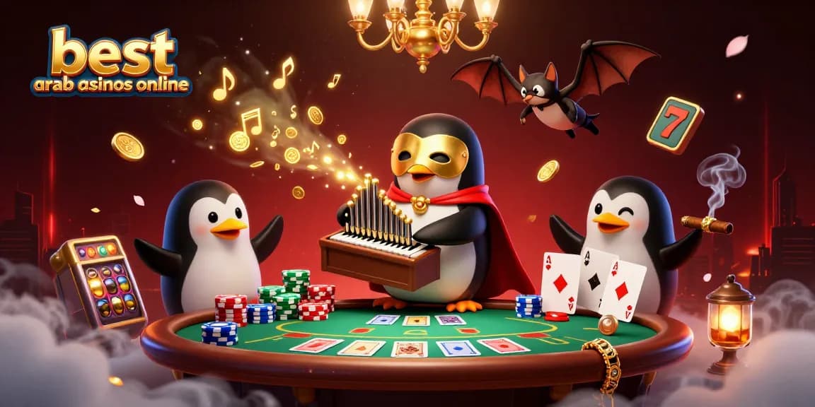 Engaging scene featuring the best Arab casinos online with a penguin organist, prominent poker elements, and festive atmosphere.