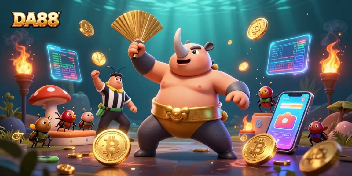 DA88 showcases a vibrant casino scene with a sumo beetle champion and cryptocurrency elements.