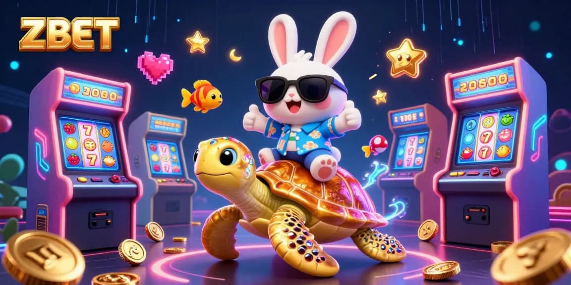ZBET showcases thrilling slots with a lively rabbit and turtle in a colorful casino scene.
