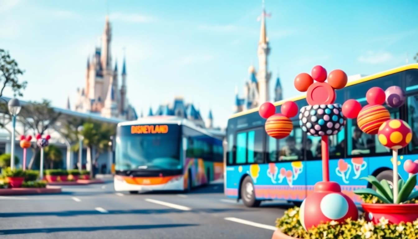 Shuttle service from Disneyland Paris to airport, featuring vibrant colors and travel excitement.