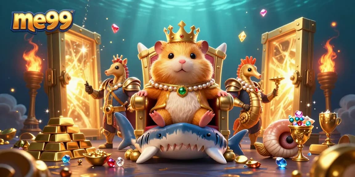 Join the me99 hamster king in a treasure vault surrounded by sparkling gems and royal guards.