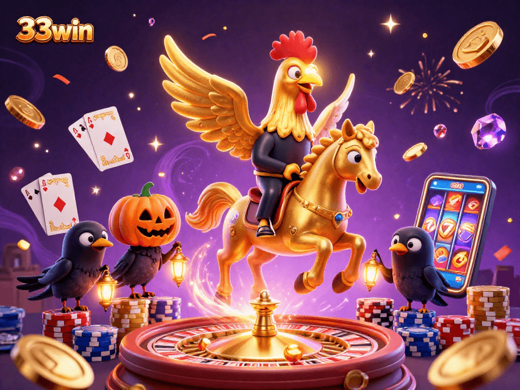 Engage with the thrilling world of 33win in this vibrant, detailed 3D casino illustration featuring unique characters and elements.