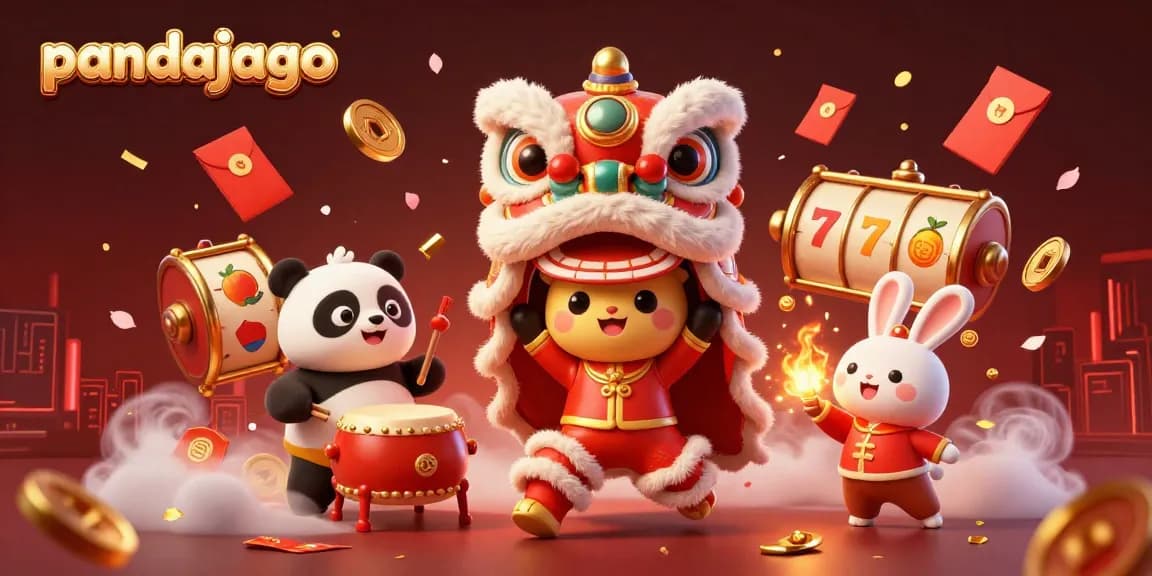 Pandajago menghadirkan suasana keberuntungan di kasino dengan slot berputar, karakter unik, dan dekorasi merah emas.