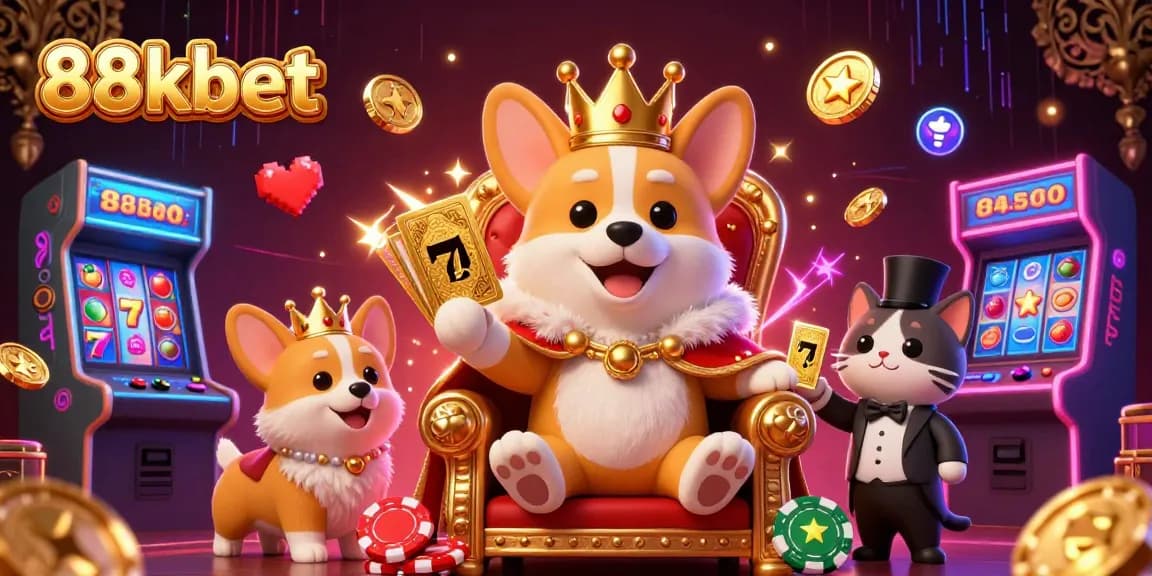 Experience thrilling 88kbet gameplay with a vibrant 3D illustration of a royal corgi surrounded by dynamic game elements.