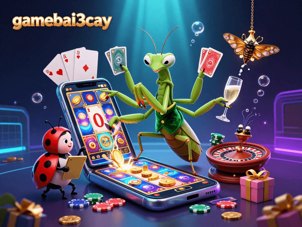 Experience gamebai3cay's vibrant casino scene with a dynamic praying mantis card sharp and ladybug pit boss.