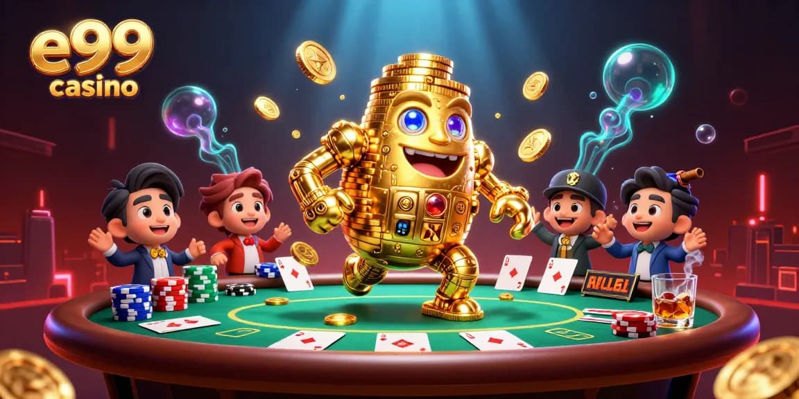 Experience e99 casino gaming thrills with coins, cards, and vibrant lights.