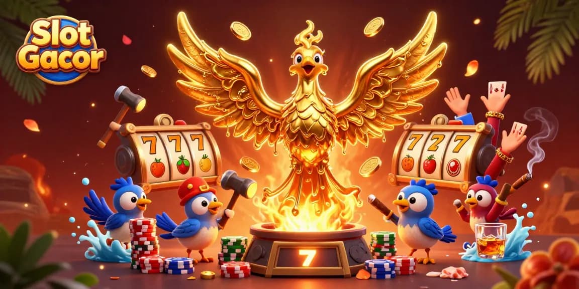 Slot Gacor dengan phoenix emas dan rekan burung rendah hati, menampilkan suasana kaya kasino.
