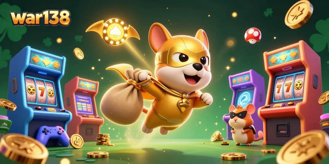 Engage in thrilling arcade action with war138's superhero dog and hamster amidst vibrant casino visuals.