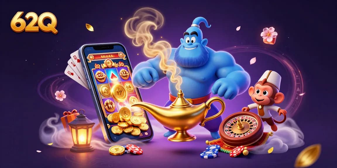 Ilustração 3D vibrante de um gênio, macaco e arte mágica de cassino, destacando 62Q.