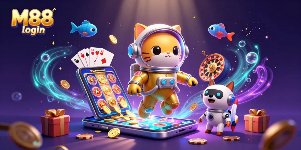 M88 login and spin colorful slots in a vibrant 3D scene with an astronaut cat and robot dog.