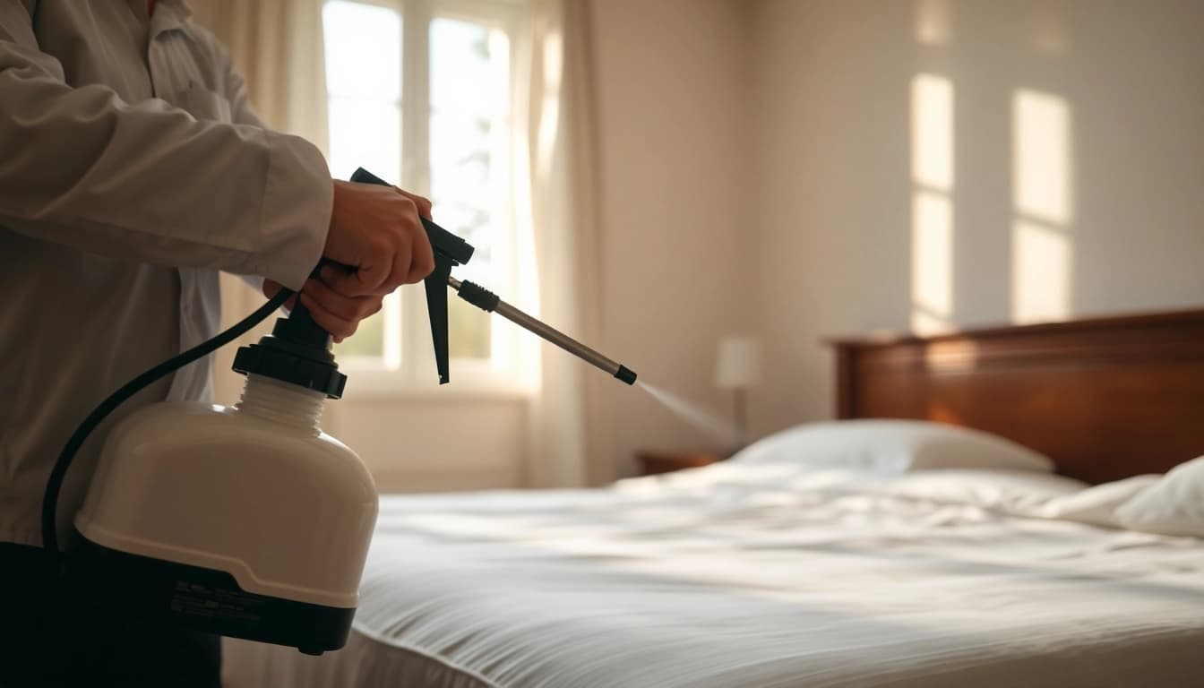 Effective bed bug treatment in action by a professional in a bright bedroom.
