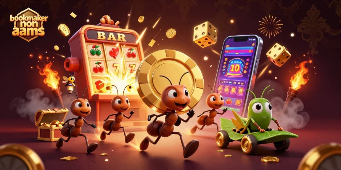 giocando e vincendo con bookmaker non aams mentre una squadra di formiche corre con una fiches d'oro