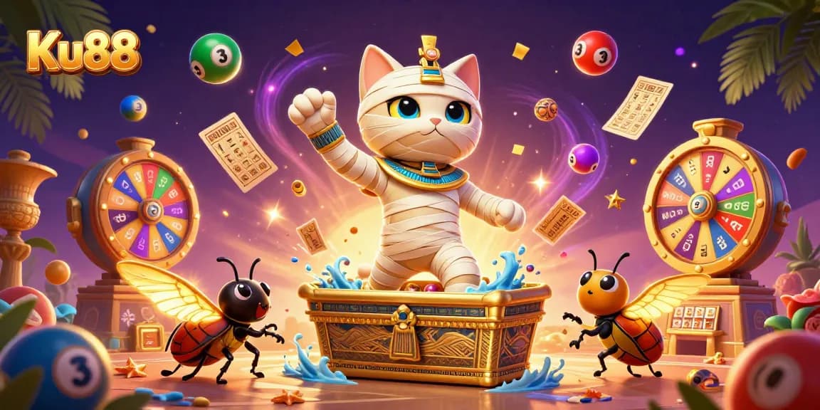 Win big with Ku88 at a vibrant pyramid casino, featuring an Egyptian cat and playful lottery elements.