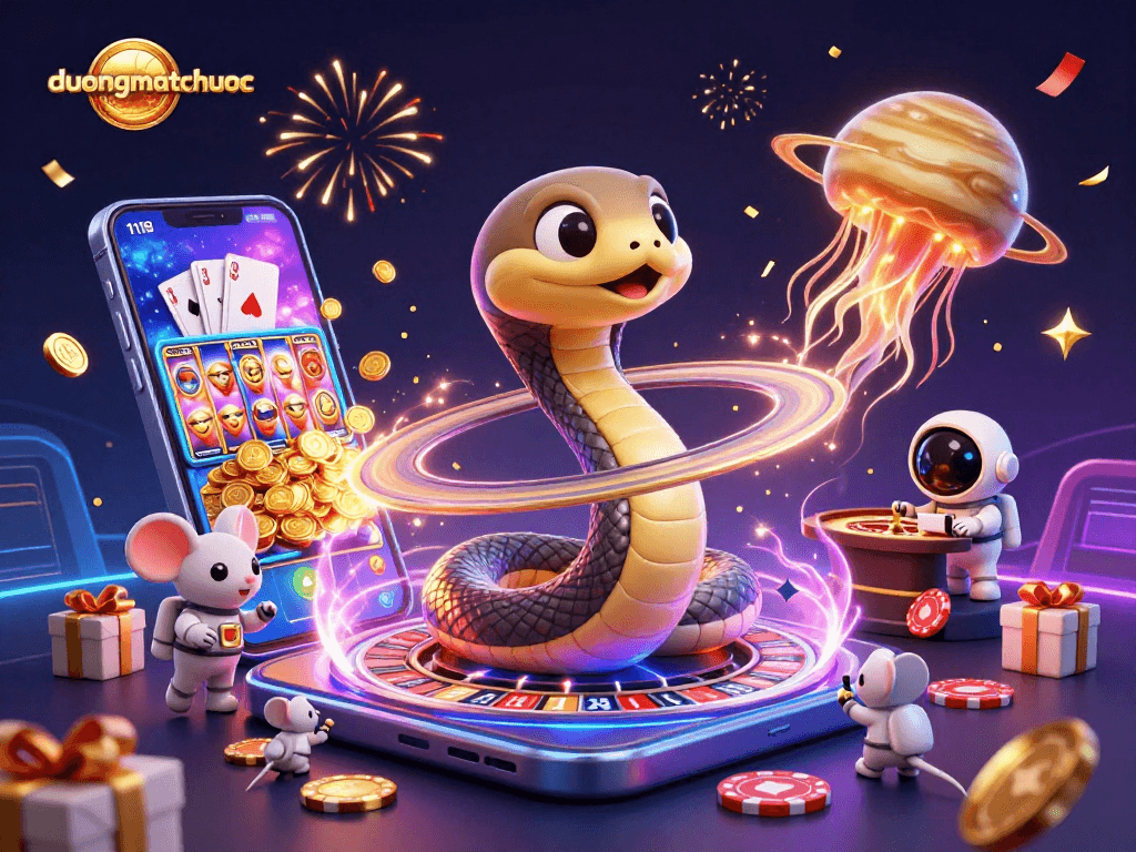 Place bets in duongmatchuoc's cosmic gambling scene with a roulette-wielding snake and vibrant game elements.