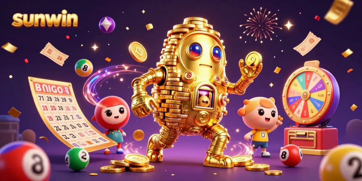 Join the excitement at sunwin with vibrant lottery elements and a golden golem in a dynamic casino scene.