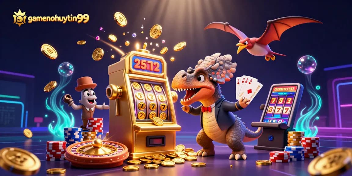 Experience thrilling wins with gamenohuuytin99 as a cartoon dinosaur interacts with a jackpot slot machine.