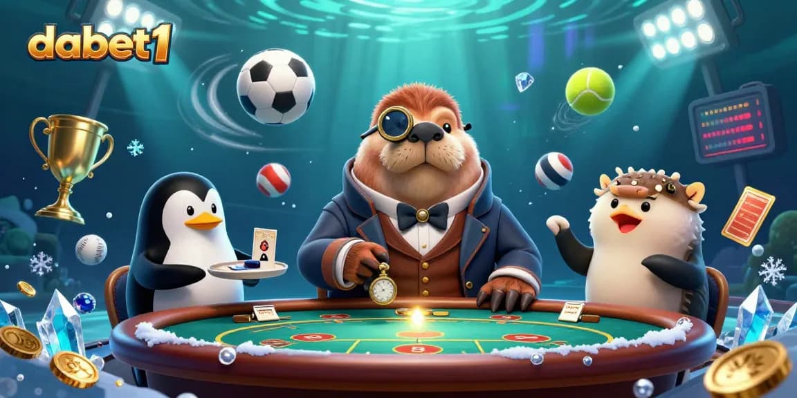 Engage with dabet1's unique underwater poker showdown featuring a jolly walrus and bluffing pufferfish.