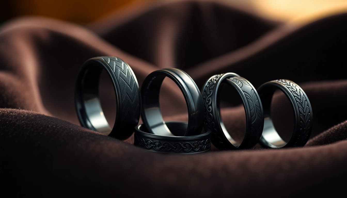 Showcasing finely crafted Black Zirconium Rings on dark velvet, highlighting their sleek finish