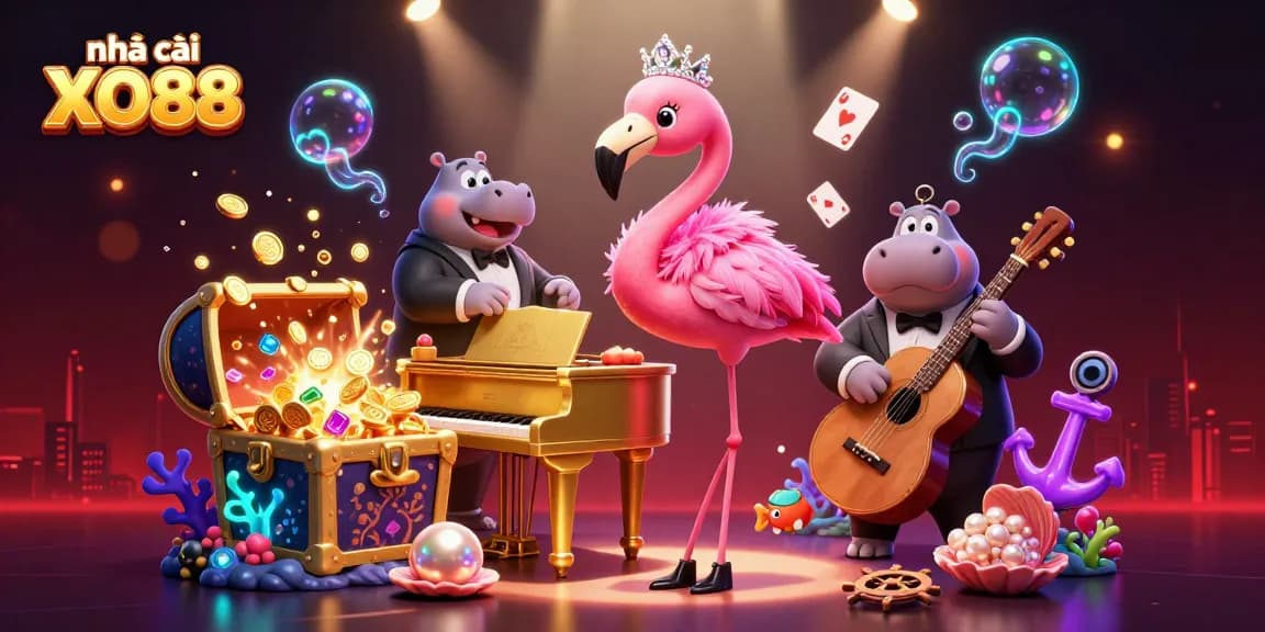 Experience the lively atmosphere of nhà cái XO88 with vibrant casino characters and treasure elements in a festive scene.