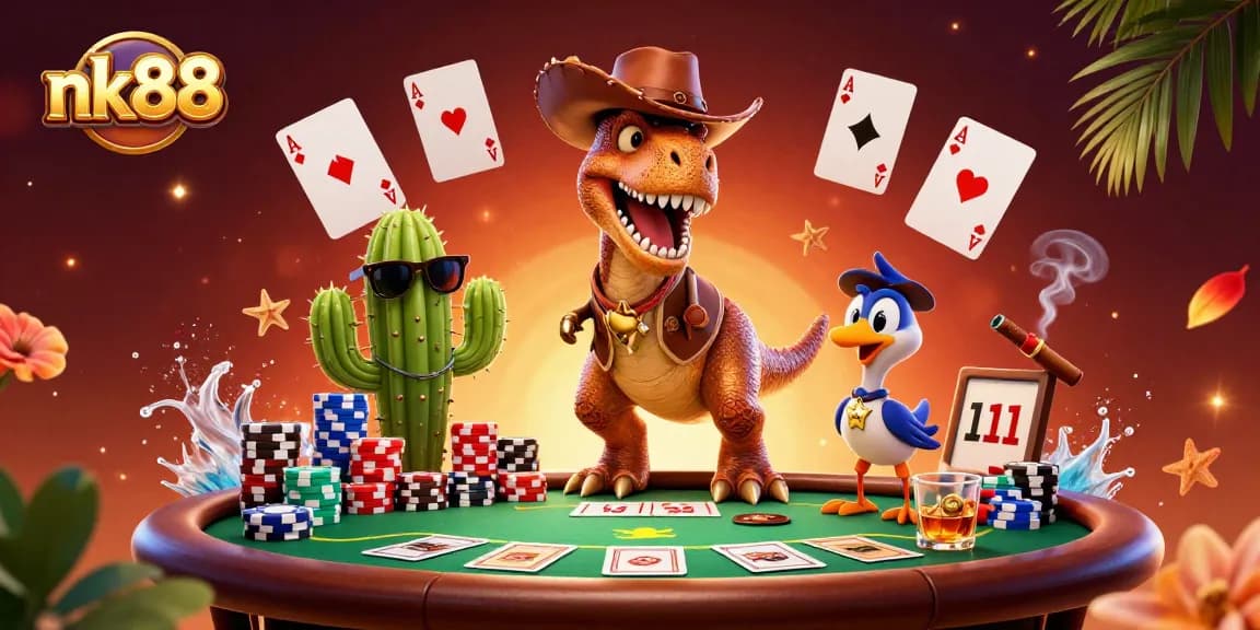 Engage in thrilling poker action with nk88 featuring cartoon characters and colorful casino elements.