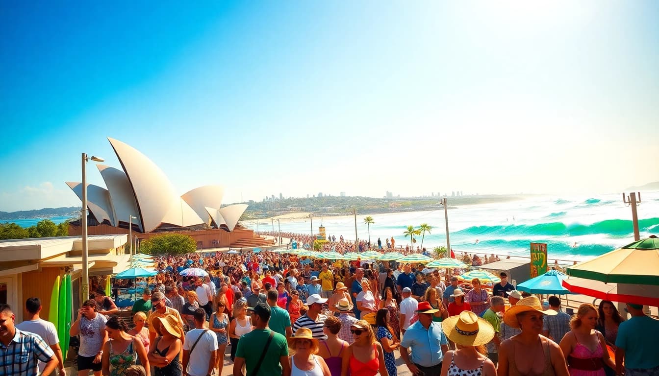 People enjoying a sunny day in Australia, featuring surfing and cultural landmarks.