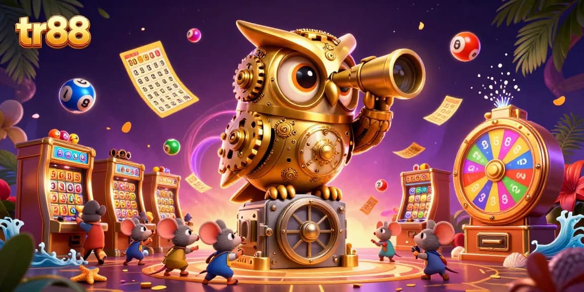 Engage in thrilling gaming at TR88 with golden owl overseeing casino fun and lottery excitement.