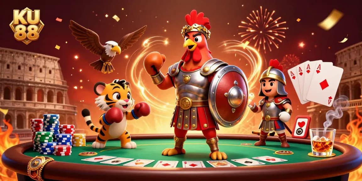 Experience the thrill of poker with KU 88's gladiator rooster and vibrant gaming elements.
