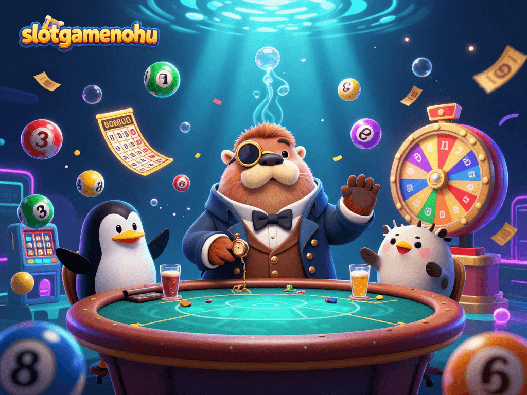 Engage in exciting slot games at slotgamenohu, featuring lively underwater casino characters.