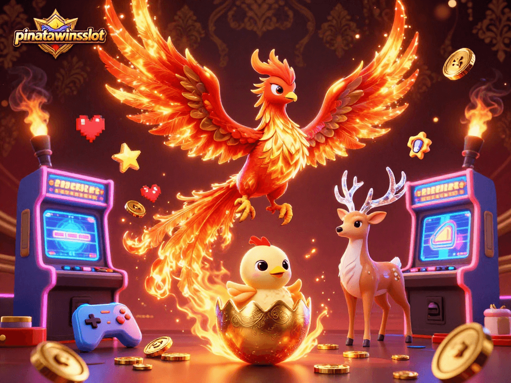 Engage with pinatawinsslot in a vibrant 3D illustration featuring dynamic characters and casino gaming elements.