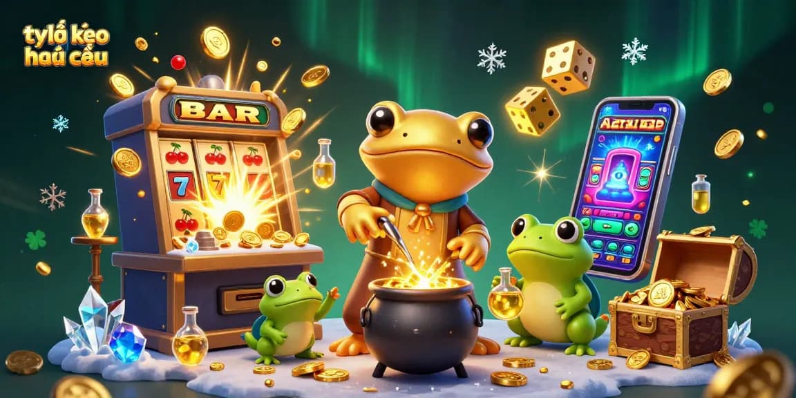 Engaging illustration of tỷ lệ kèo nhà cái showing a golden dragon alchemist, frog apprentice and newts in a lively casino-inspired setting