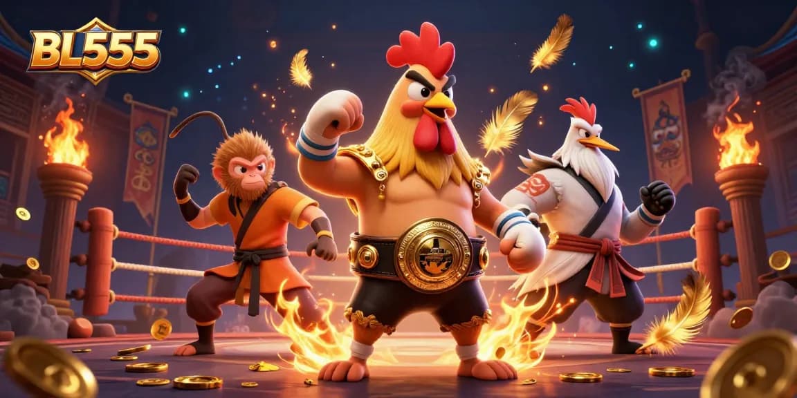 Experience thrilling gameplay at BL555 as a fierce Muay Thai rooster battles for fortune in a vibrant casino.