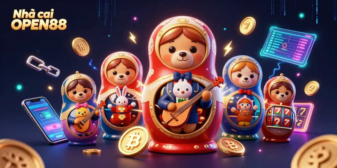 Engage with Nhà cái OPEN88 through a vibrant 3D casino scene featuring interactive characters and thrilling gaming elements.