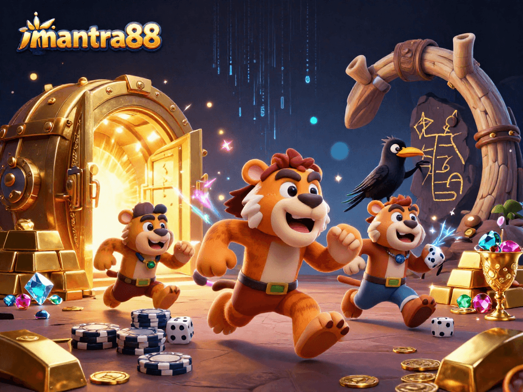 Engage with mantra88 in a vibrant casino scene featuring characters and gold treasures.