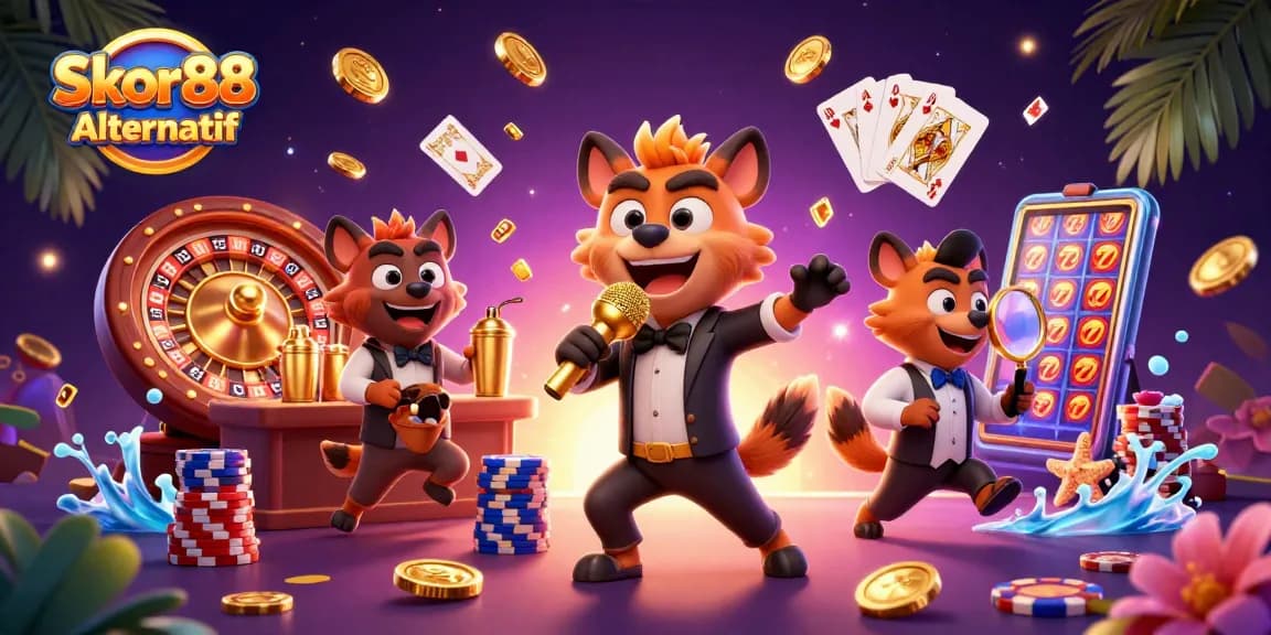 Engage with Skor88 Alternatif at a vibrant casino scene featuring a lively hyena comedy club.